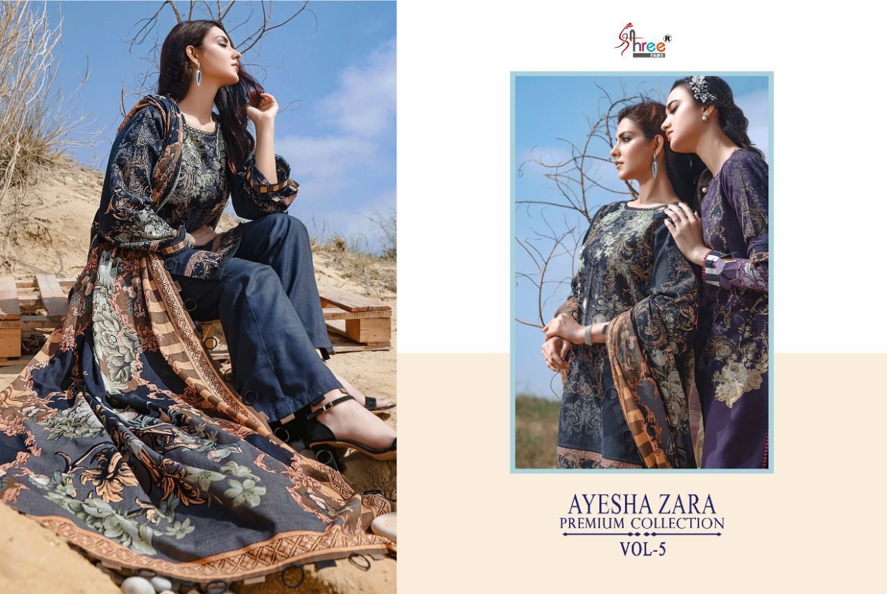 shree fab ayesha zara premium collection vol 5 cotton  authentic fabric salwar suit with silver dupatta catalog