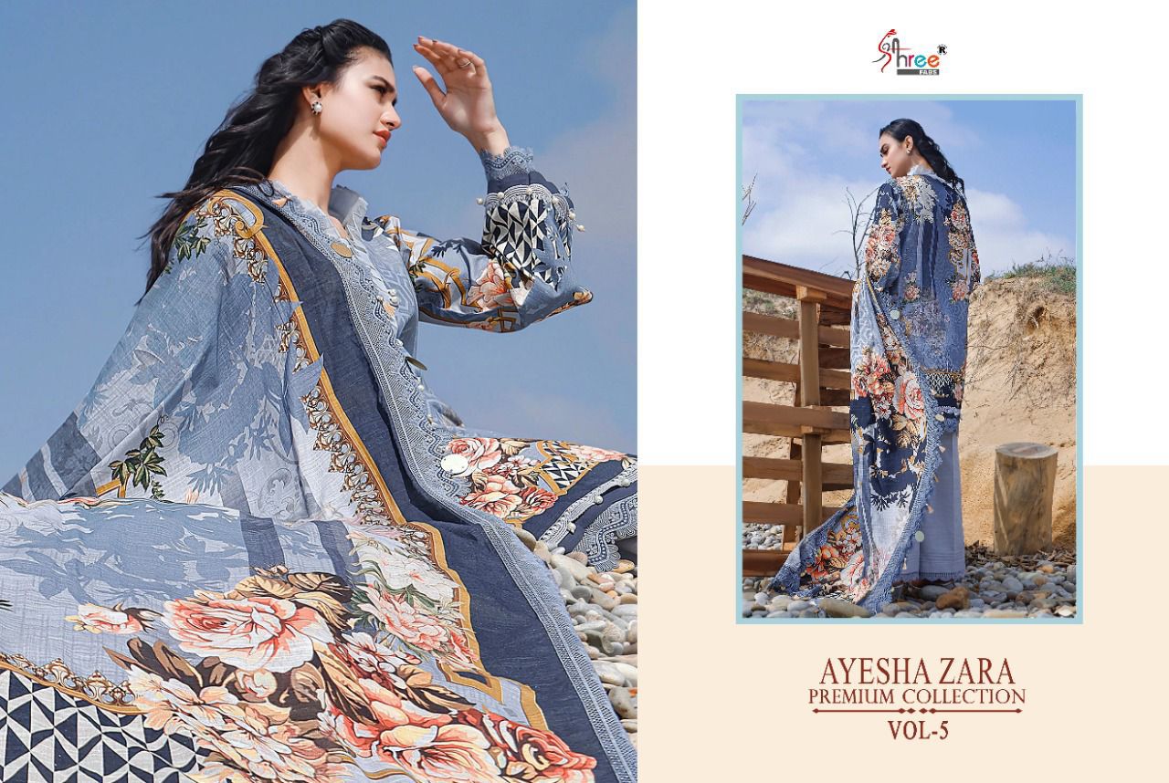 shree fab ayesha zara premium collection vol 5 cotton  authentic fabric salwar suit with silver dupatta catalog