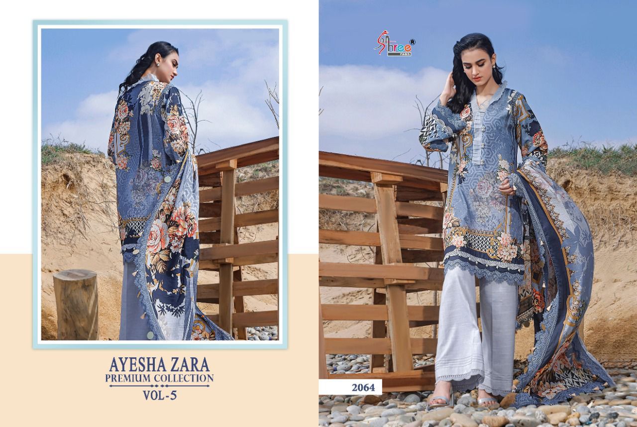 shree fab ayesha zara premium collection vol 5 cotton  authentic fabric salwar suit with silver dupatta catalog