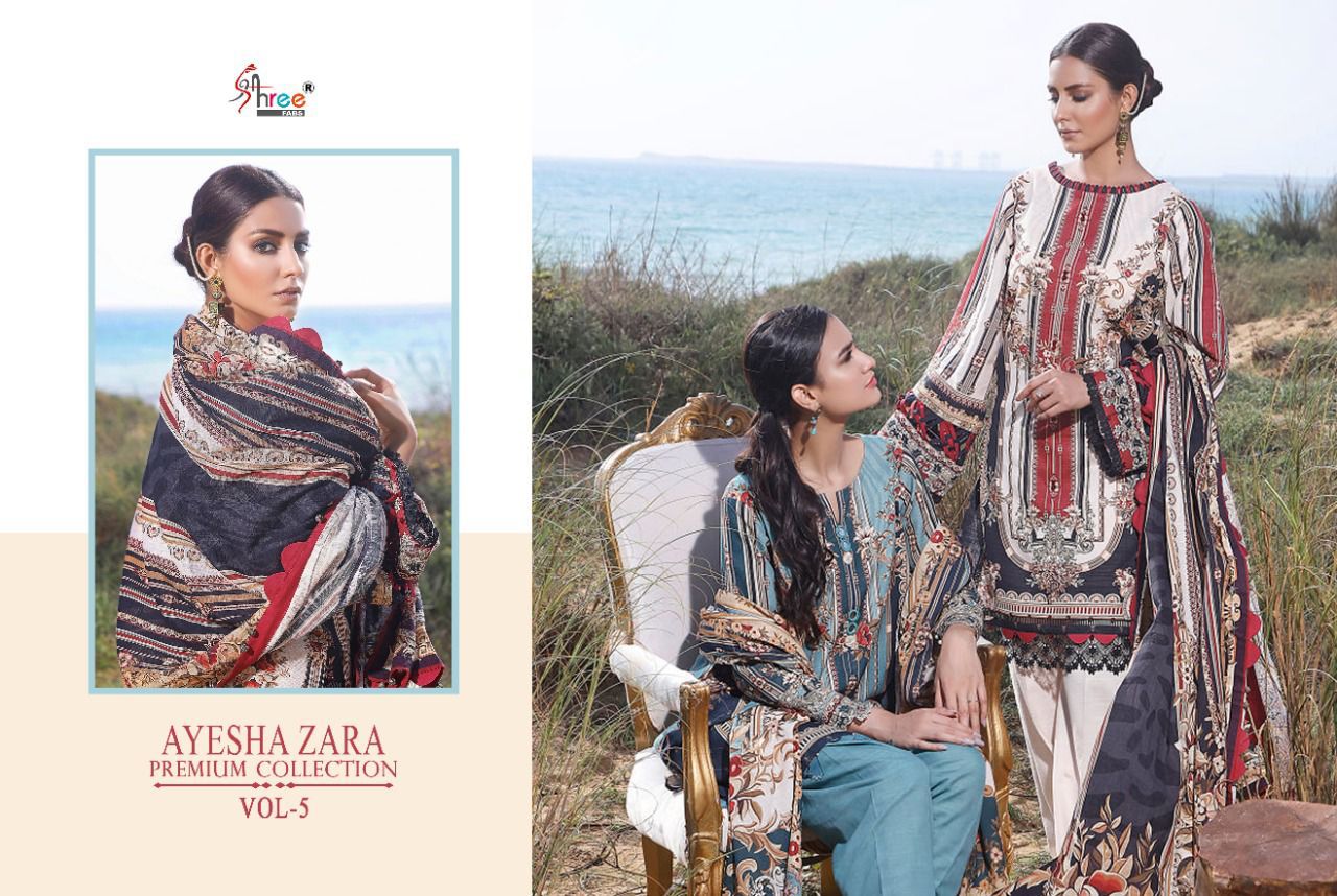 shree fab ayesha zara premium collection vol 5 cotton  authentic fabric salwar suit with silver dupatta catalog