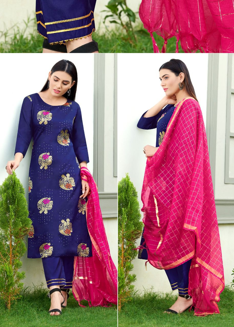 vredevogel reewa silk elegant top with bottom and dupatta catalog