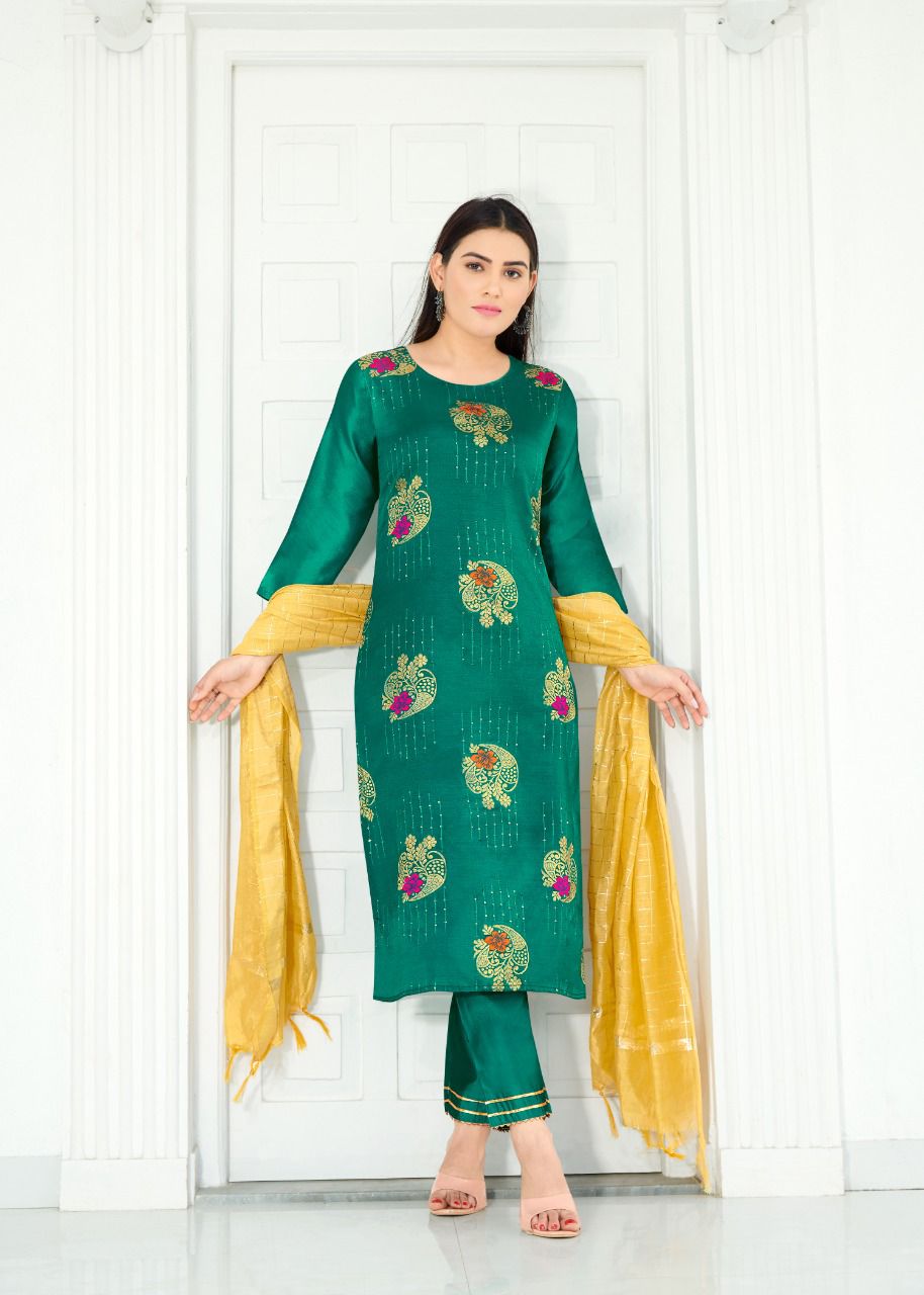 vredevogel reewa silk elegant top with bottom and dupatta catalog