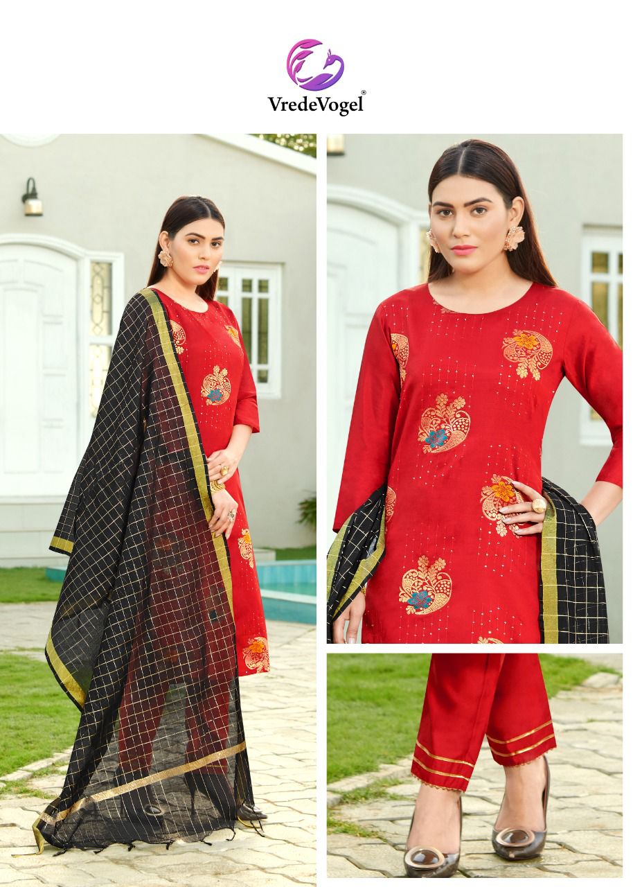 vredevogel reewa silk elegant top with bottom and dupatta catalog