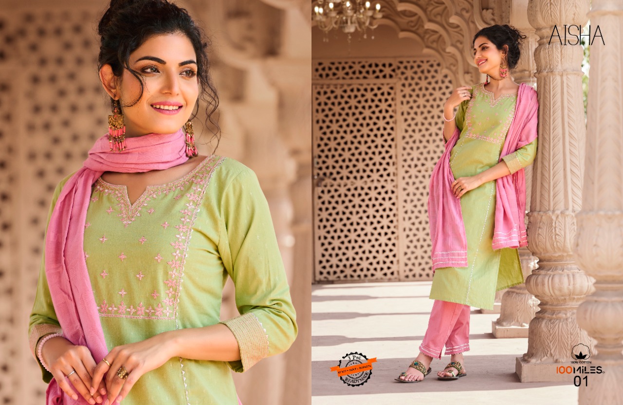 100 miles aisha cotton elegant top pant with dupatta catalog