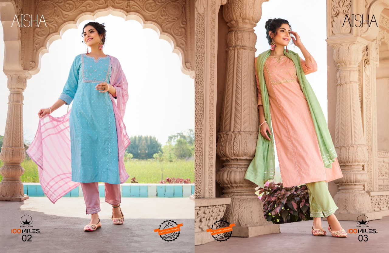 100 miles aisha cotton elegant top pant with dupatta catalog