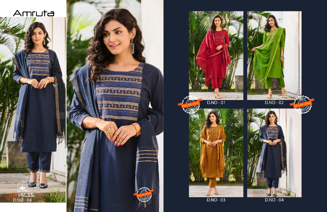 100 miles amruta cotton astonishing top with pant and dupatta catalog