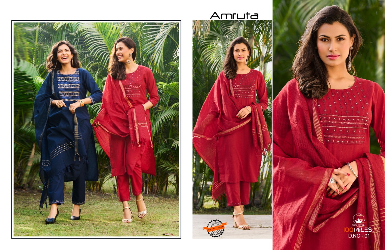 100 miles amruta cotton astonishing top with pant and dupatta catalog