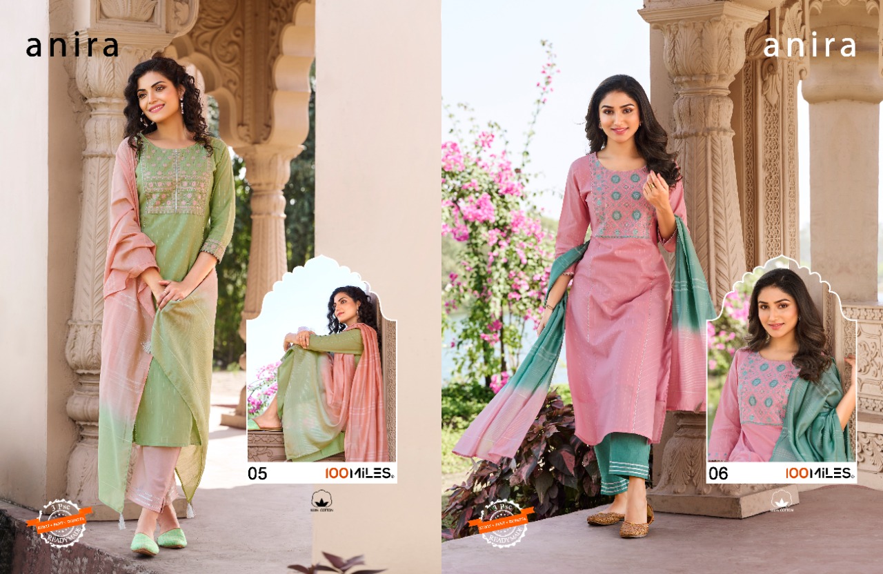 100 miles anira cotton decent look top pant with dupatta catalog