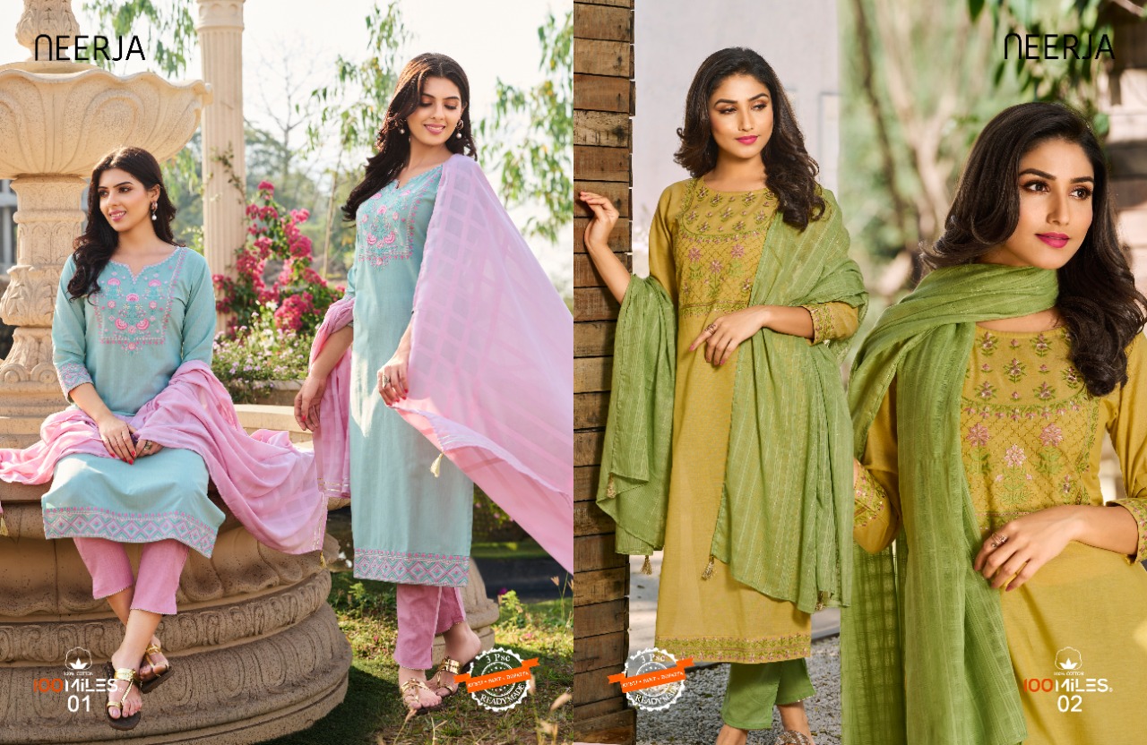 100 miles neerja cotton decent look top pant with dupatta catalog