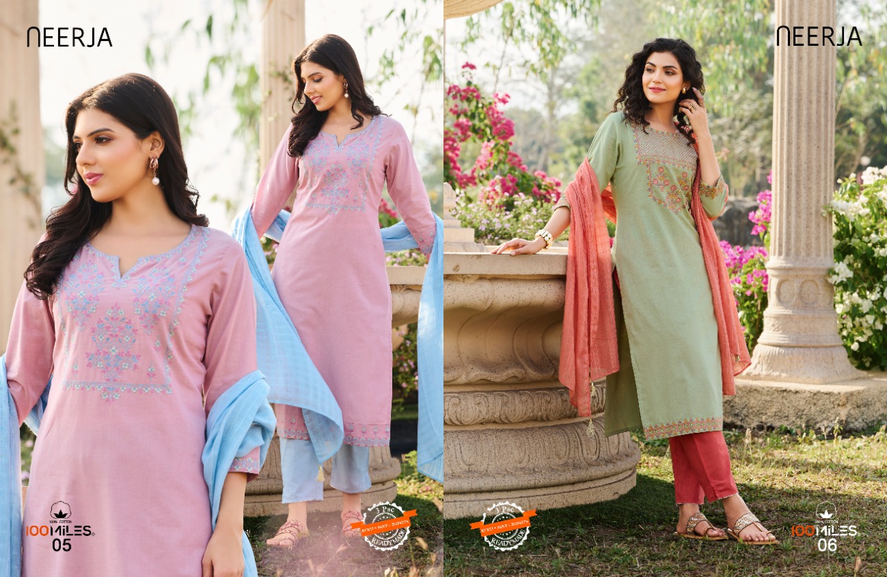 100 miles neerja cotton decent look top pant with dupatta catalog