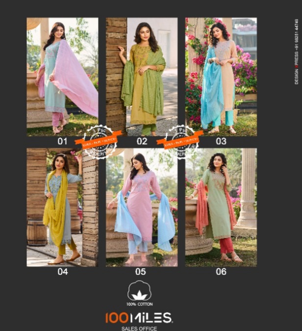 100 miles neerja cotton decent look top pant with dupatta catalog