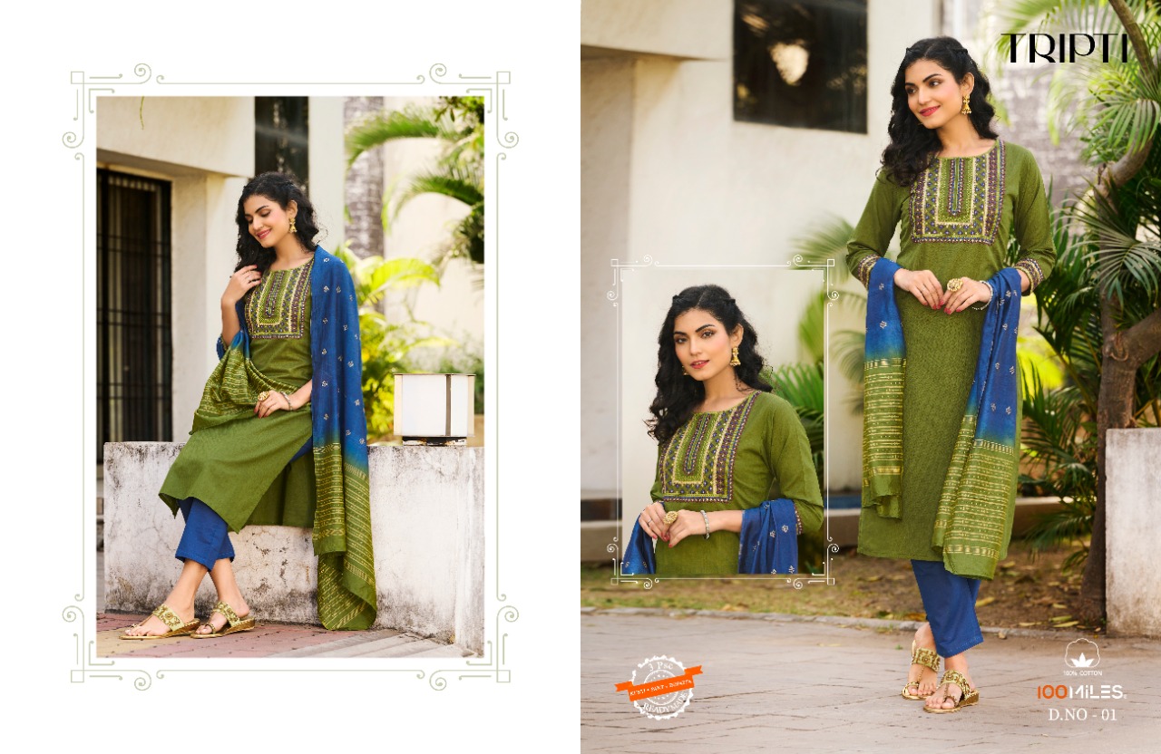 100 miles tripti cotton catchy look kurti with pant and dupatta  catalog