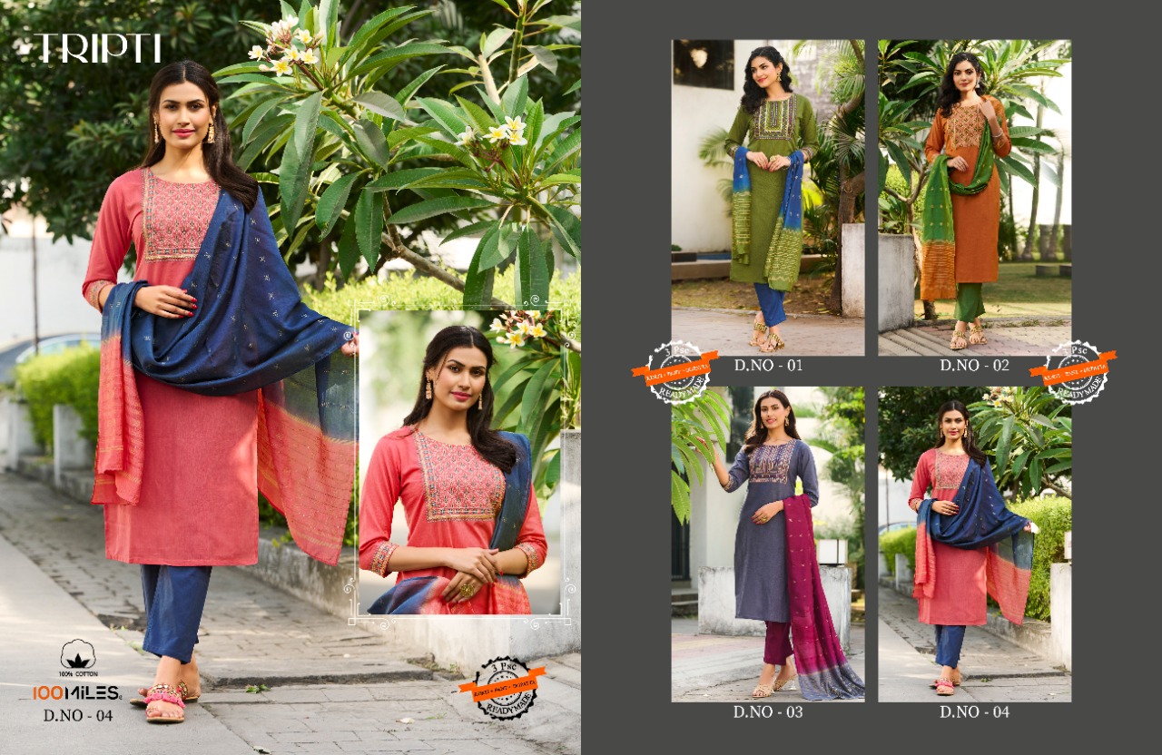 100 miles tripti cotton catchy look kurti with pant and dupatta  catalog