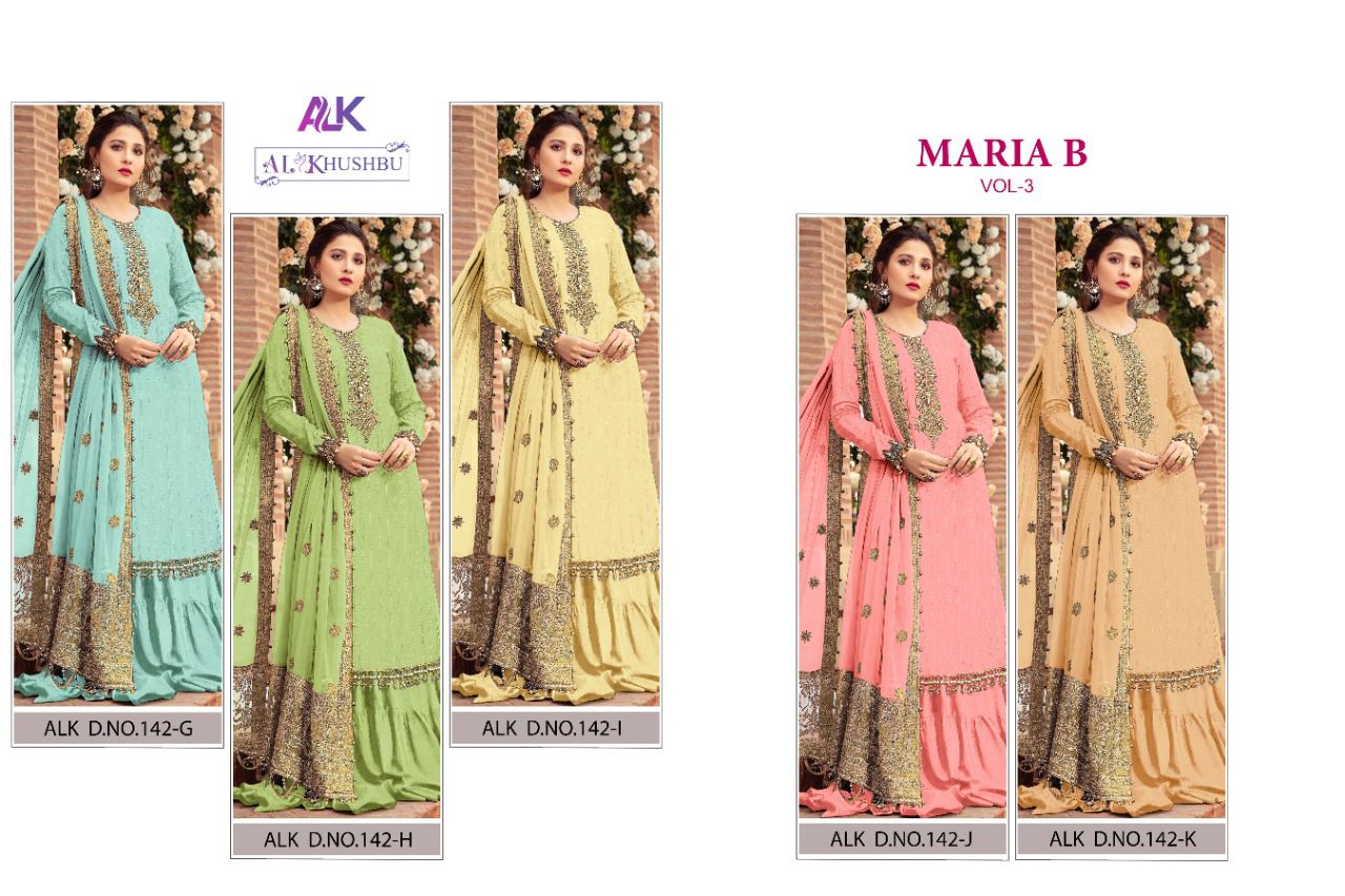 al khushbu maria b vol 3 hit designs alk d no 142  georgette catchy look salwar suit catalog