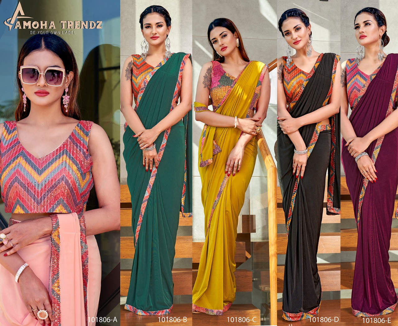 amoha trendz design no 101806 lycra new and modern style saree catalog