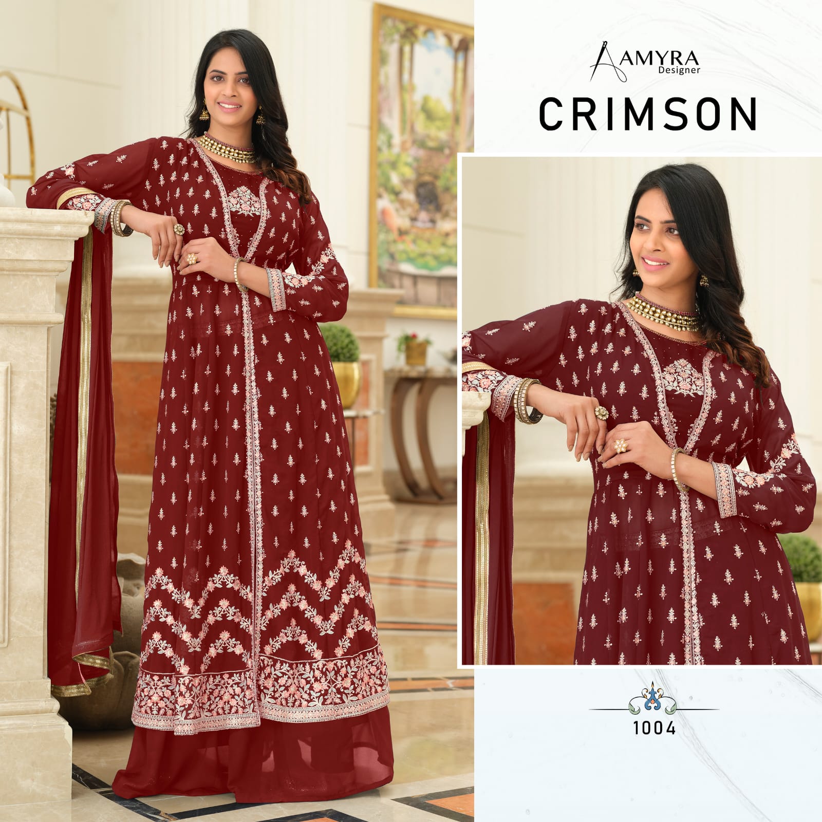 amyra designer crimson georget festive look indo western colour set