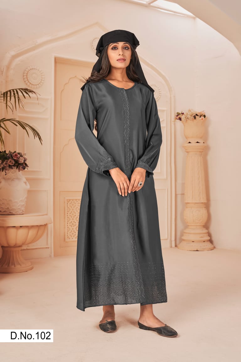 Banwery Fashion hijab Rassal Satin attrective look gown catalog