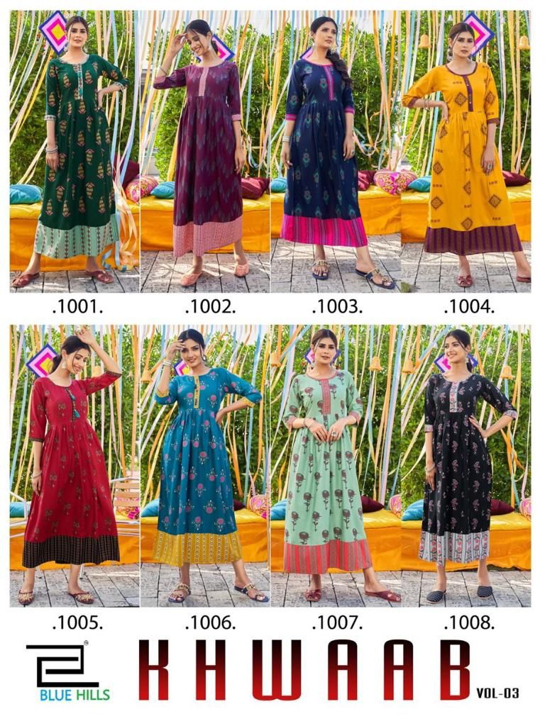 blue hills khawaab vol 3 rayon elegant long kurti catalog