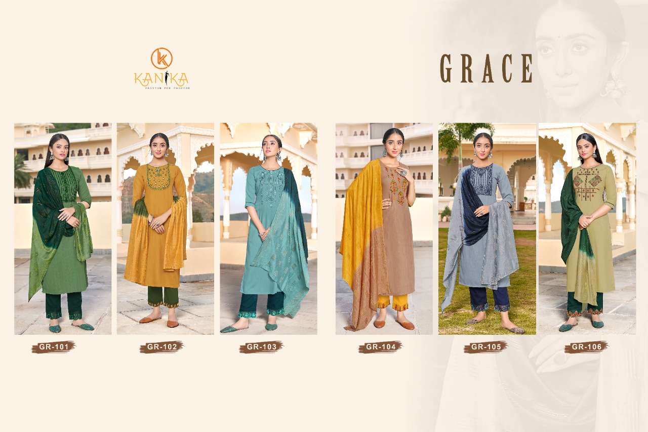 kanika grace naylon astonishing look kurti pant with dupatta catalog