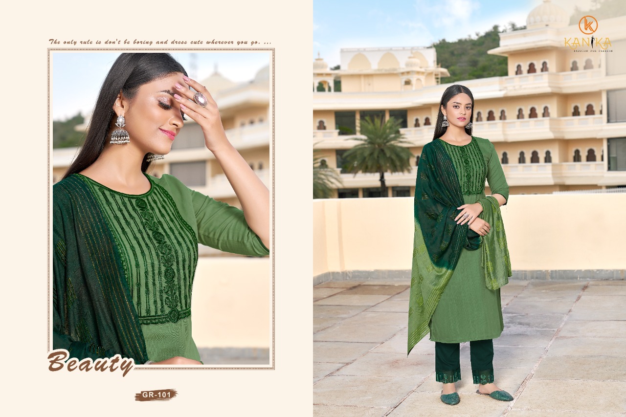 kanika grace naylon astonishing look kurti pant with dupatta catalog