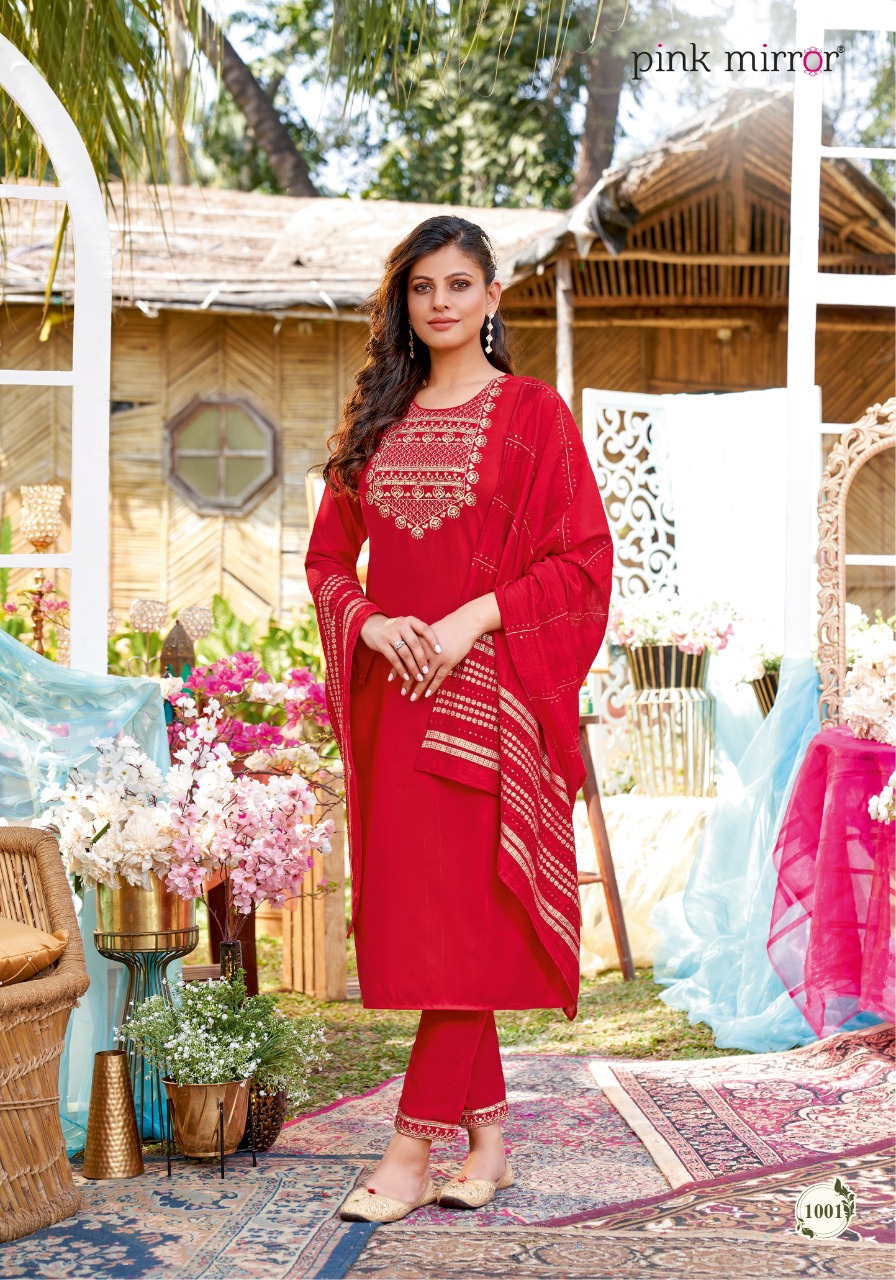 pink mirror tradition viscose decent embroidary look top with pant and dupatta catalog