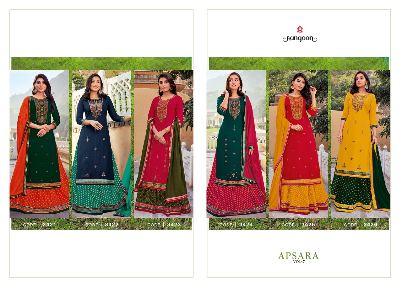 rangoon apsara vol 7 rayon classic trendy look top bottom with dupatta catalog