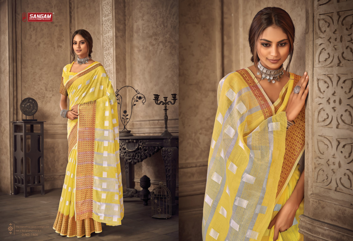 sangam print aafreen linen  attractive look saree catalog