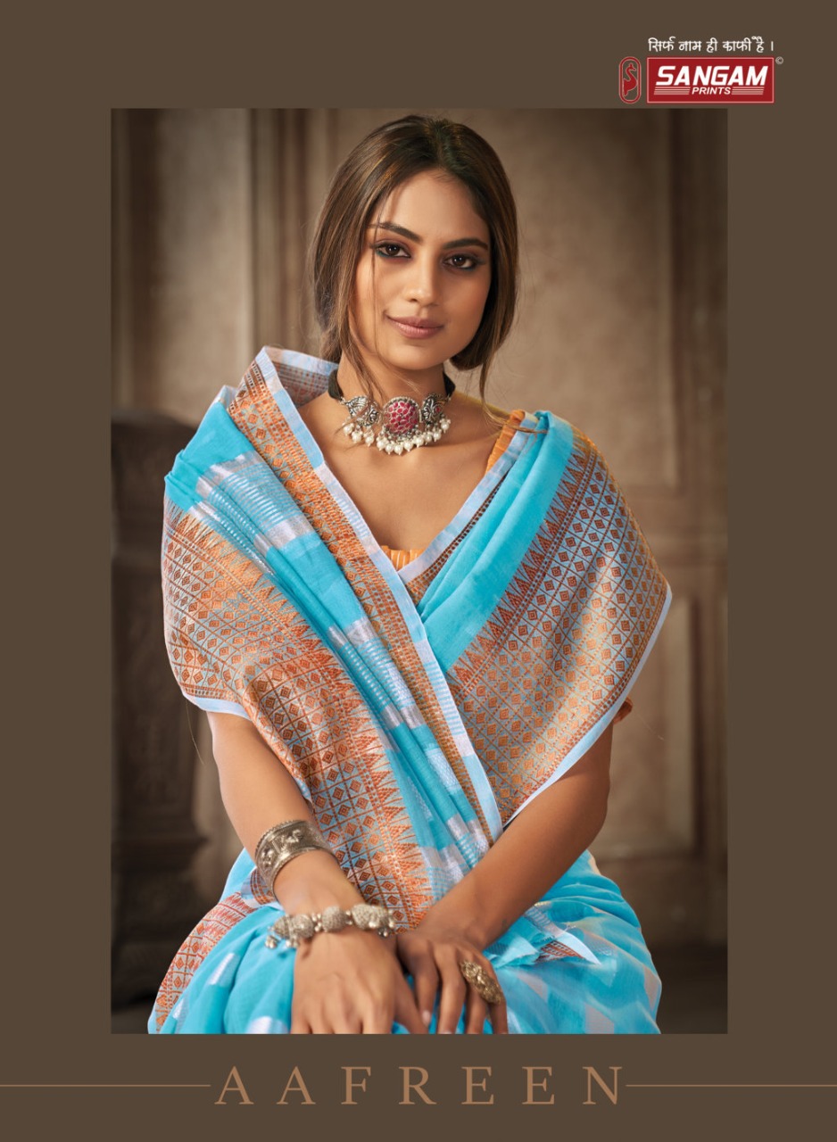 sangam print aafreen linen  attractive look saree catalog