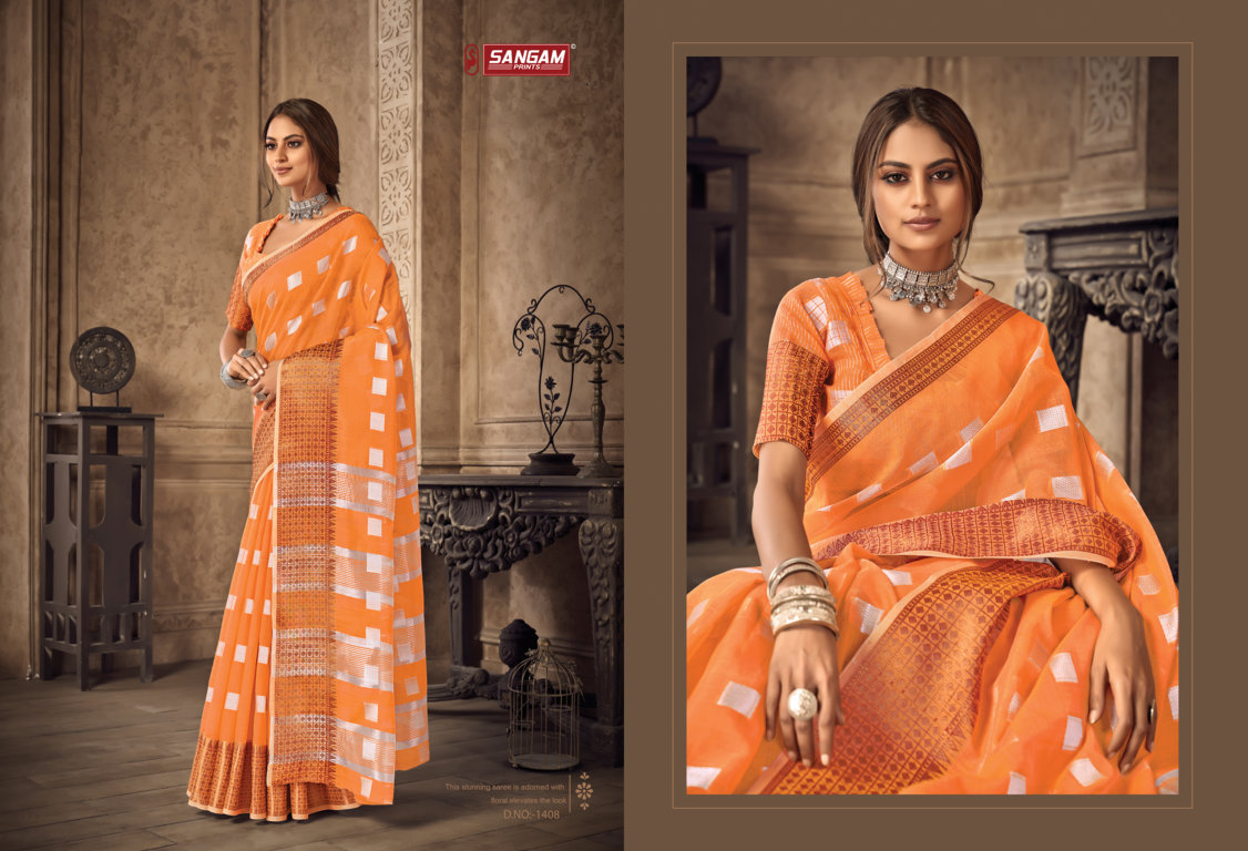 sangam print aafreen linen  attractive look saree catalog