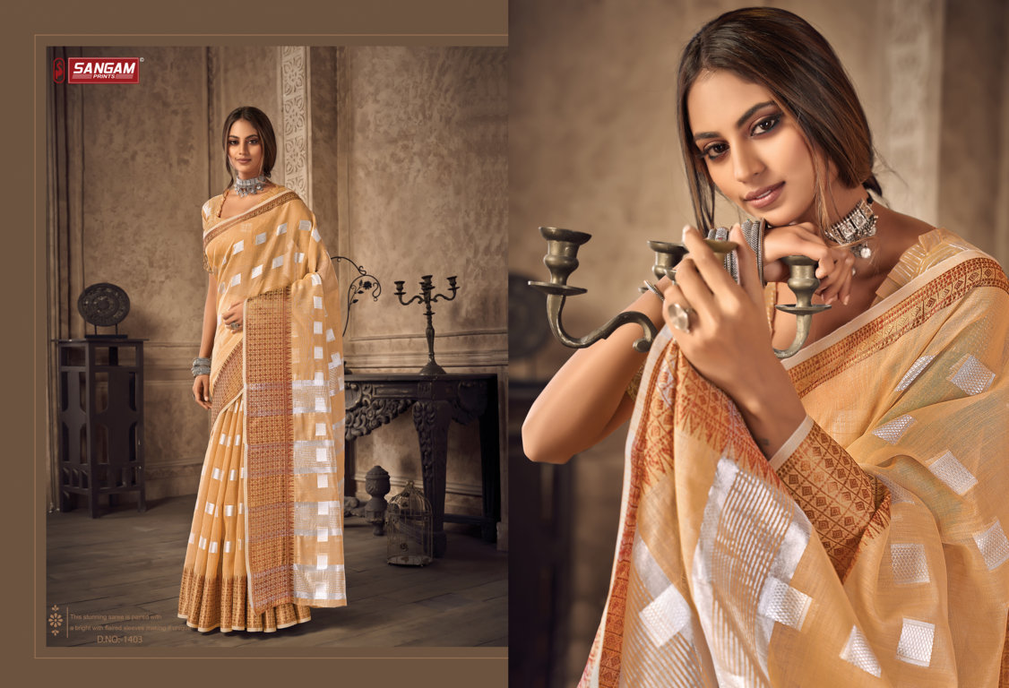 sangam print aafreen linen  attractive look saree catalog