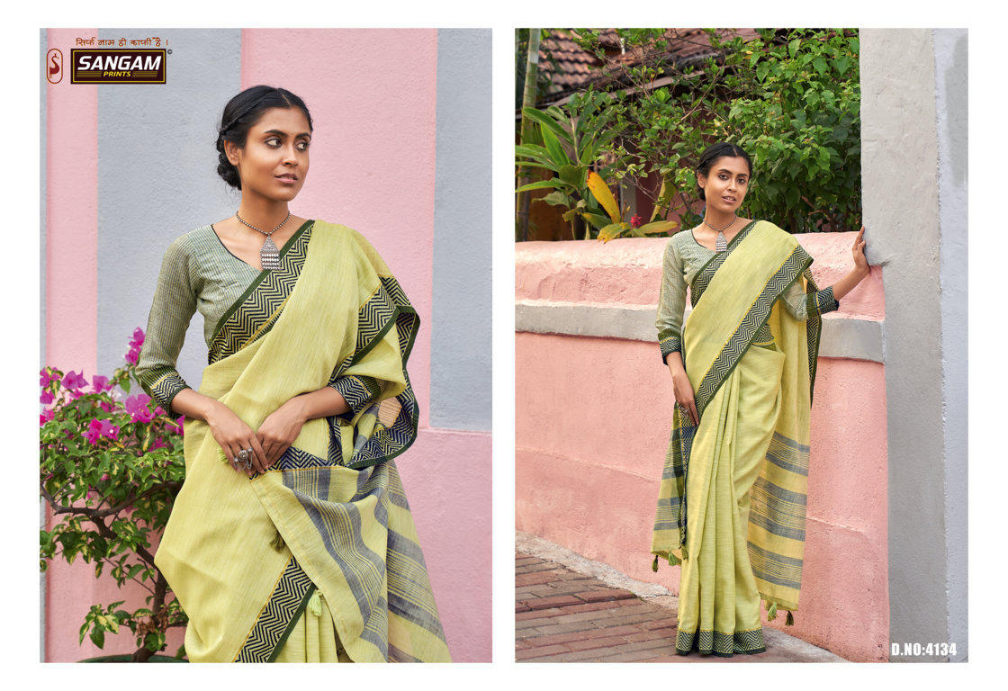 sangam print ethnic style linen graceful look saree catalog