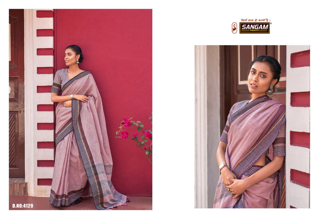 sangam print ethnic style linen graceful look saree catalog