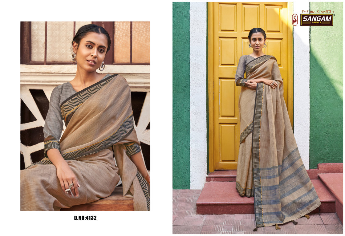 sangam print ethnic style linen graceful look saree catalog