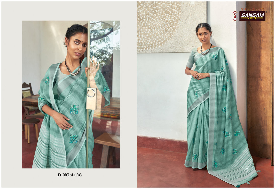 sangam print parul linen decent look saree catalog