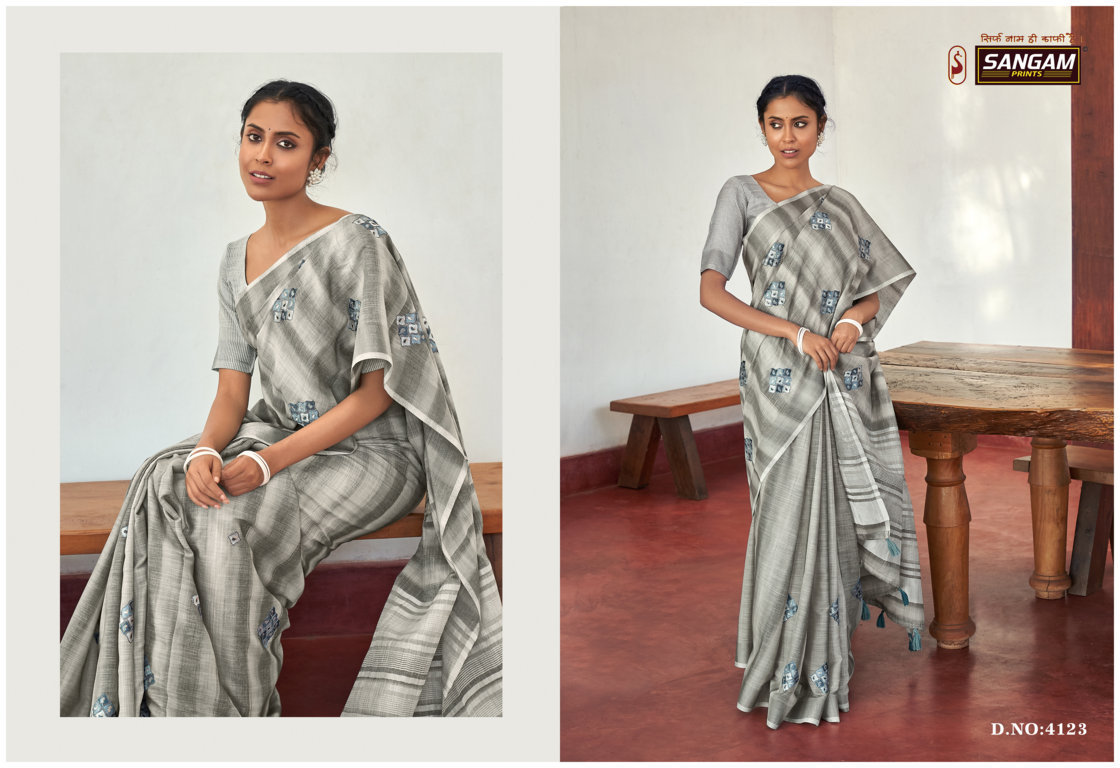 sangam print parul linen decent look saree catalog