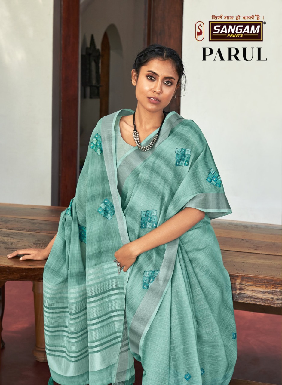 sangam print parul linen decent look saree catalog