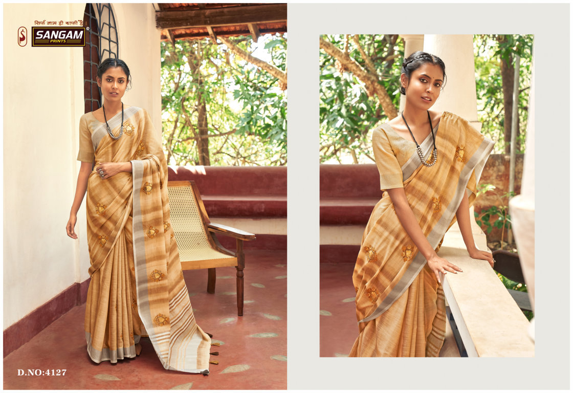 sangam print parul linen decent look saree catalog