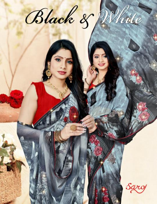 saroj saree Black and White georgette exclusive print saree catalog