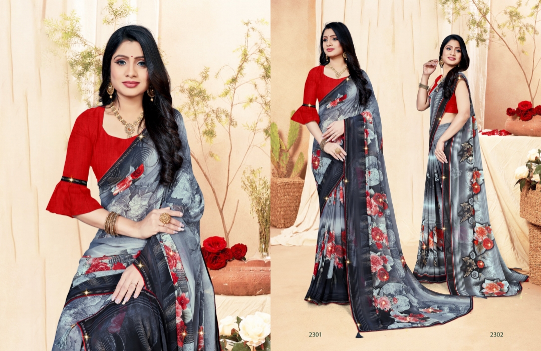 saroj saree Black and White georgette exclusive print saree catalog