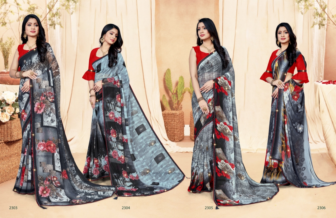 saroj saree Black and White georgette exclusive print saree catalog