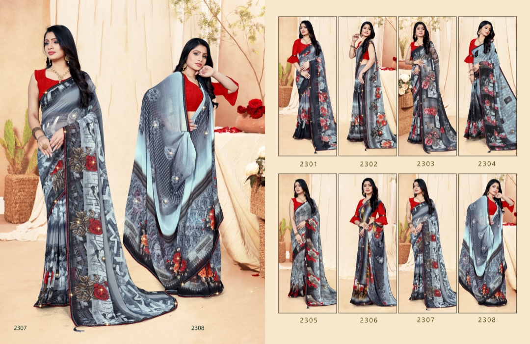 saroj saree Black and White georgette exclusive print saree catalog