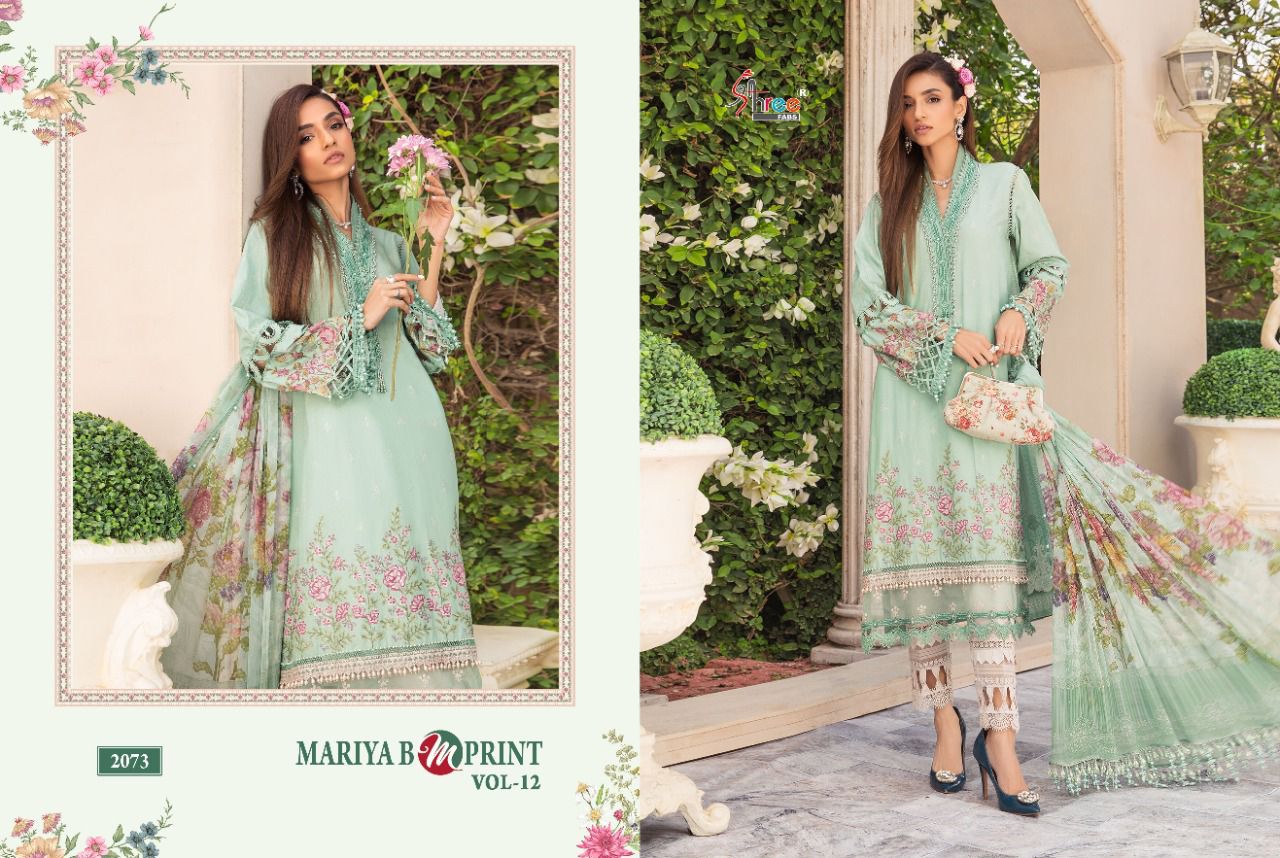 shree fab mariya b m print vol 12 cotton authentic fabric salwar suit with chiffon dupatta catalog