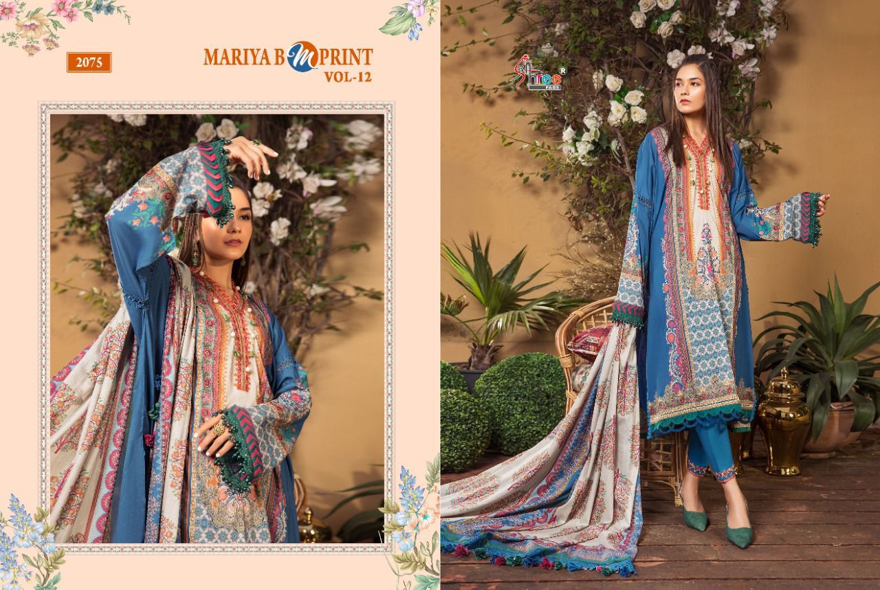 shree fab mariya b m print vol 12 cotton authentic fabric salwar suit with chiffon dupatta catalog