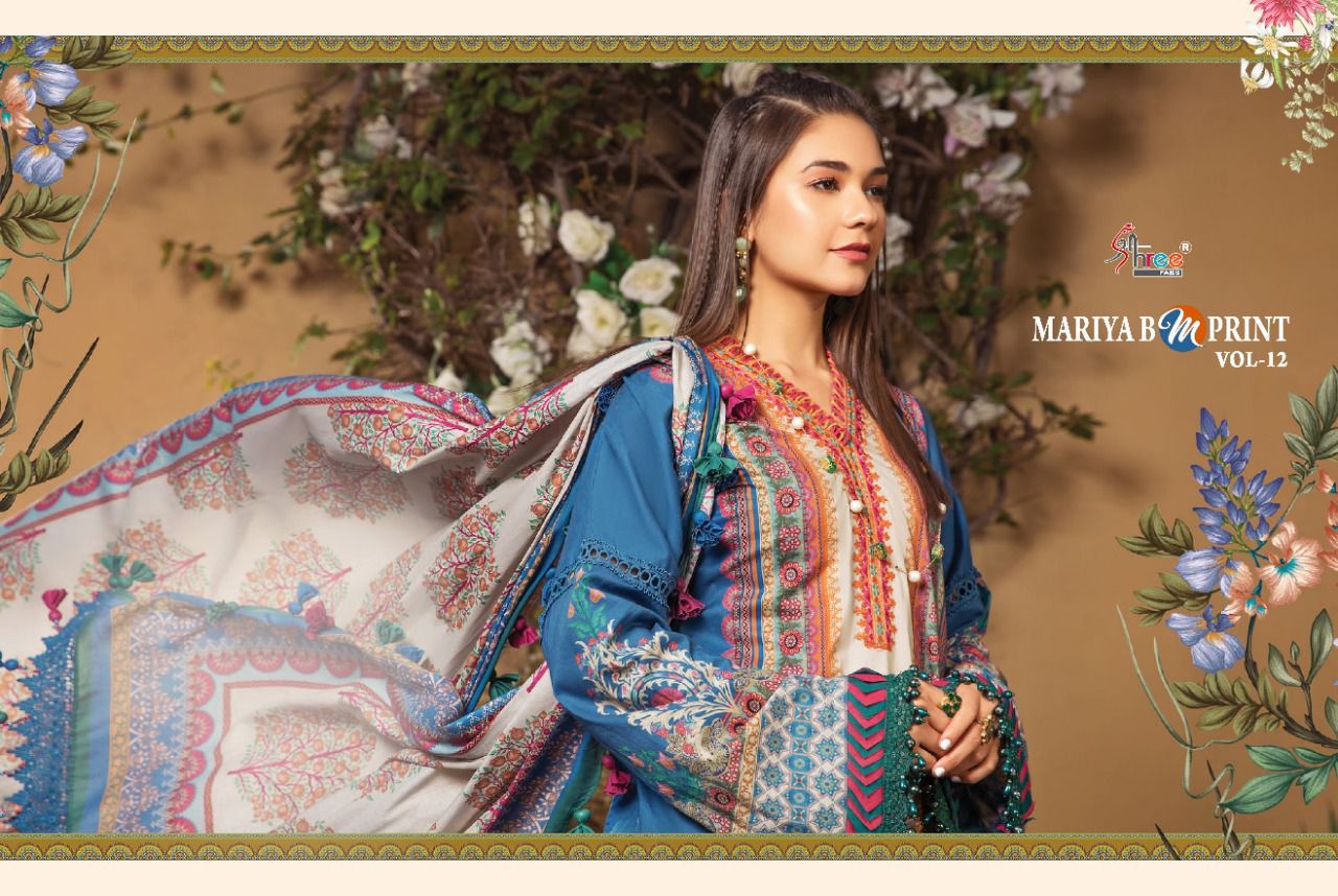 shree fab mariya b m print vol 12 cotton authentic fabric salwar suit with chiffon dupatta catalog