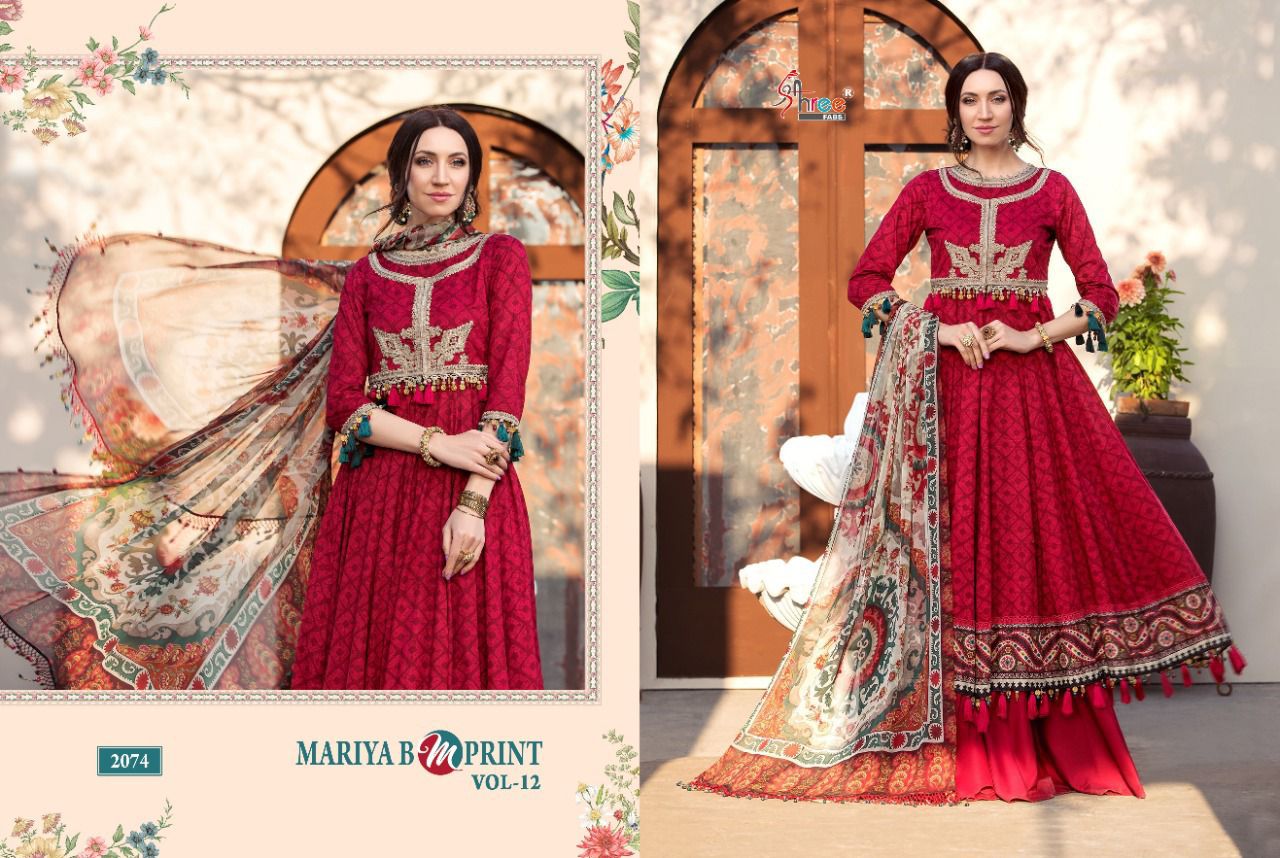 shree fab mariya b m print vol 12 cotton authentic fabric salwar suit with chiffon dupatta catalog