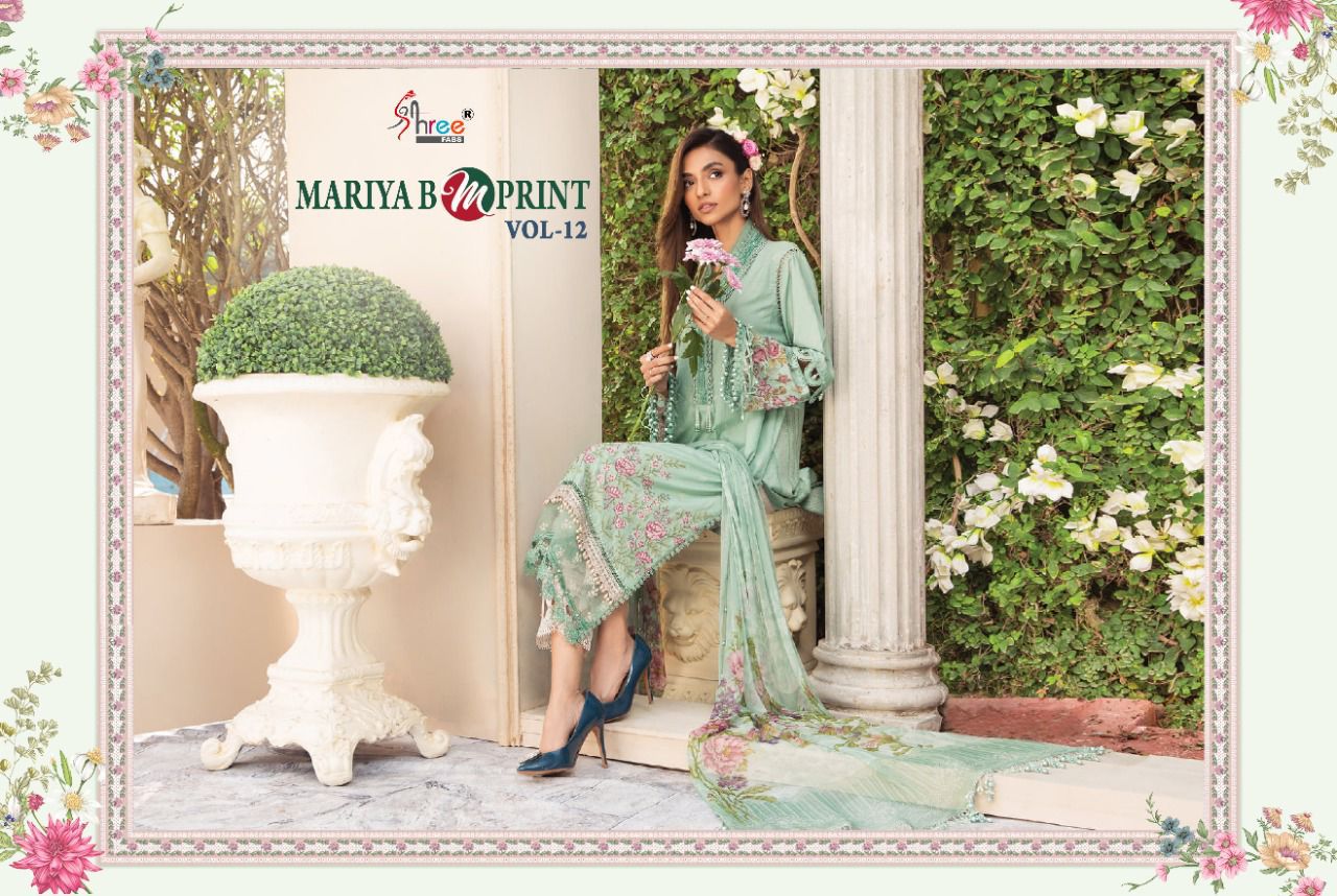 shree fab mariya b m print vol 12 cotton authentic fabric salwar suit with chiffon dupatta catalog