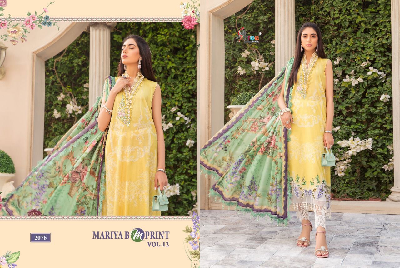 shree fab mariya b m print vol 12 cotton authentic fabric salwar suit with chiffon dupatta catalog