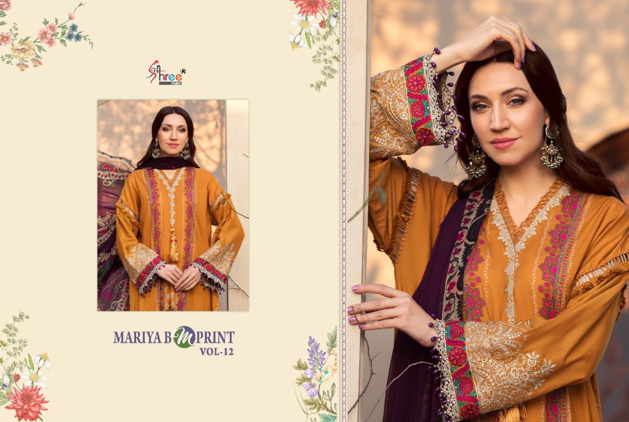 shree fab mariya b m print vol 12 cotton authentic fabric salwar suit with chiffon dupatta catalog