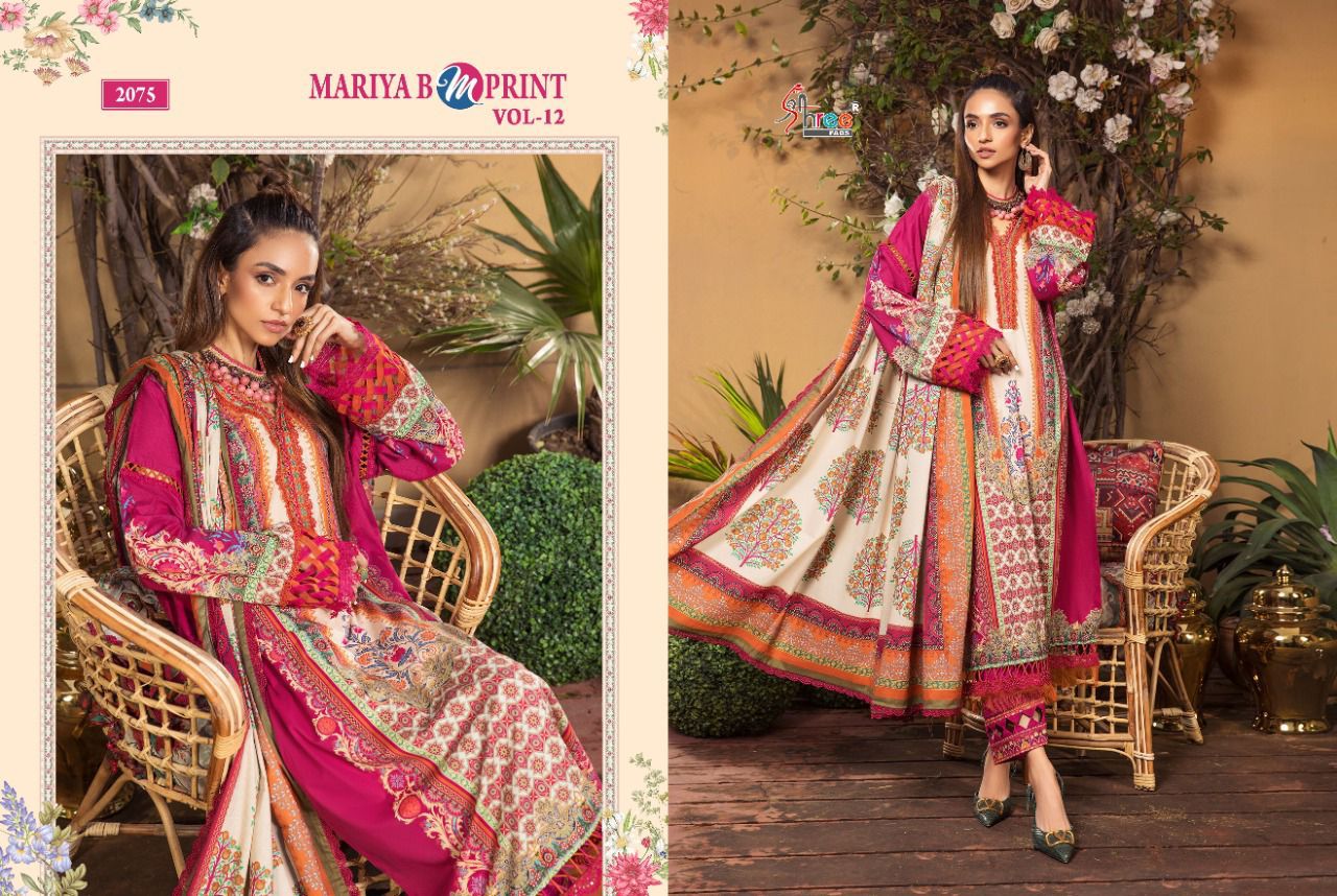 shree fab mariya b m print vol 12 cotton authentic fabric salwar suit with chiffon dupatta catalog