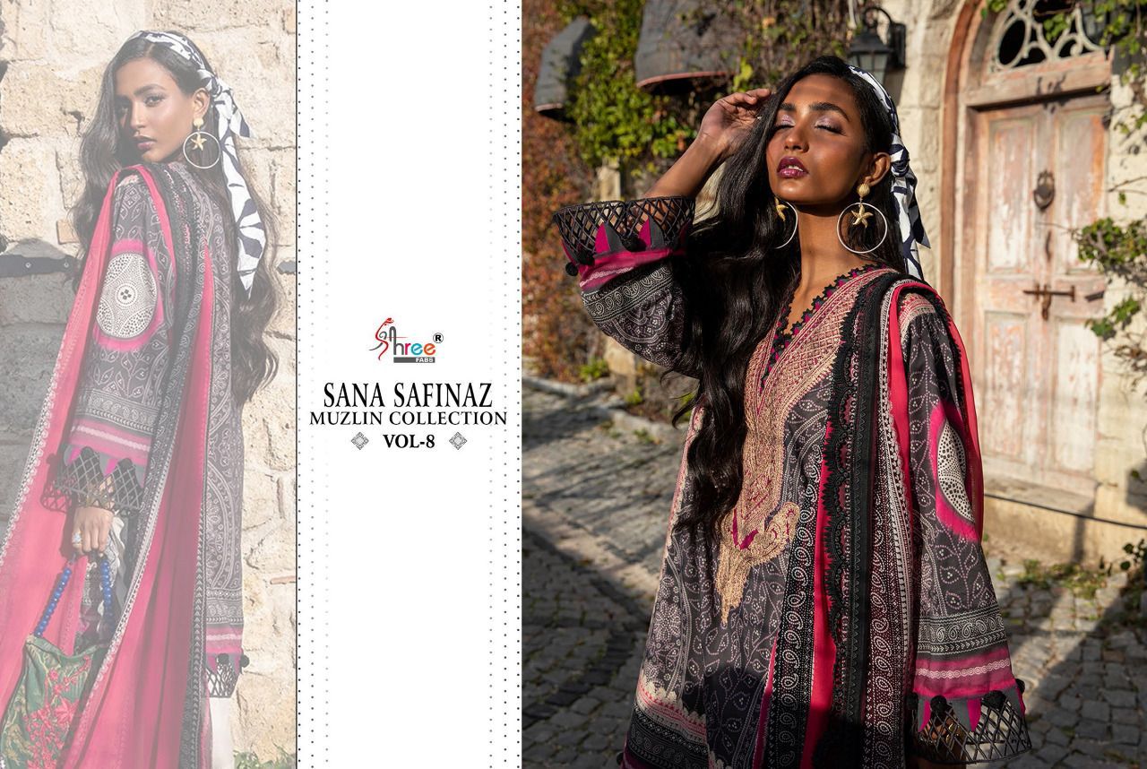 shree fab sana safinaz muzlin collection vol 8  cotton catchy look salwr suit with chiffon dupatta catalog